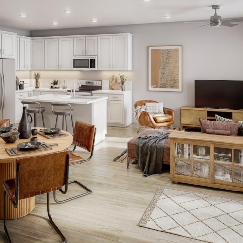 a kitchen and living room, couch, table and chairs